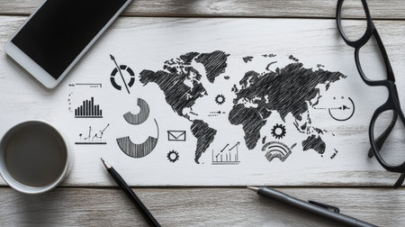 A stylish overhead view of a wooden desk featuring a world map design with business icons, a smartphone, a coffee cup, glasses, and pens, perfect for professional settings.の素材