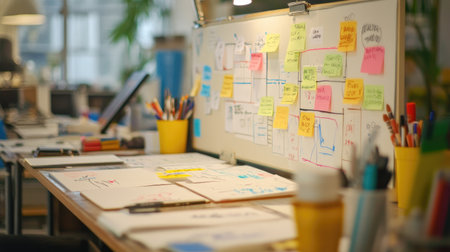 Vibrant and dynamic workspace featuring colorful sticky notes and sketches scattered across tables, ideal for brainstorming sessions and project planning strategies.の素材