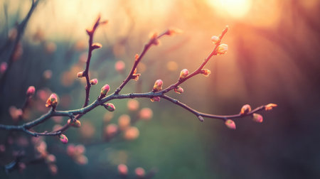 Serene image of delicate spring blossoms on a branch, set against a dreamy bokeh background. This enchanting capture highlights the beauty of nature at sunset.の素材