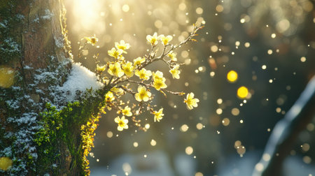 Beautiful yellow blossoms emerge from a tree branch, creating a stunning contrast against soft golden bokeh and delicate snowflakes, capturing the essence of nature's tranquility.の素材
