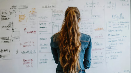 A young woman with long hair stands facing a whiteboard covered in intricate notes, charts, and diagrams, highlighting a creative and analytical workspace atmosphere.の素材