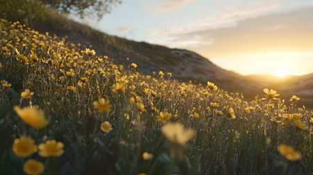 A stunning scene of bright yellow wildflowers blooming on a grassy hill, illuminated by a warm golden sunset. This picturesque landscape captures the essence of spring.の素材