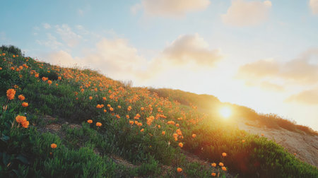A stunning landscape showcasing a hillside adorned with vibrant orange flowers under a clear sky. The warm sunlight creates a serene atmosphere, perfect for nature lovers.の素材