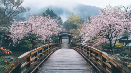 Experience the beauty of a traditional Japanese garden during cherry blossom season, with a serene wooden bridge and misty mountains creating a tranquil atmosphere.の素材