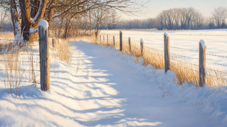 A peaceful winter landscape showcases a snow-covered path lined with rustic fences and trees, reflecting the soft golden light of morning, evoking tranquility.の素材