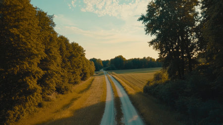 A tranquil country road stretches through lush greenery, offering a peaceful escape into nature. The warm sunset casts a golden glow, enhancing the serene landscape.の素材