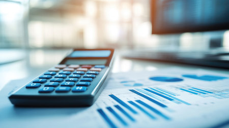 A close-up view showcasing a calculator alongside financial reports featuring graphs and data in a modern office environment, emphasizing analysis and productivity.の素材