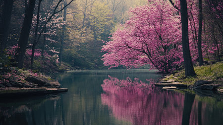 A serene spring scenery showcasing blooming cherry trees along a calm water surface, creating a picturesque reflection, surrounded by vibrant greenery and tranquility.の素材