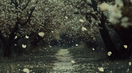 A tranquil pathway lined with blooming trees creates a serene atmosphere where petals gently float in the air, capturing the essence of natureの素材