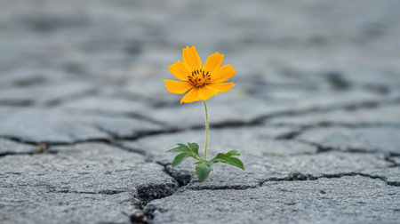 A vibrant yellow flower emerges from cracked earth, exemplifying resilience and hope in nature's perseverance. This striking image showcases beauty and strength.の素材