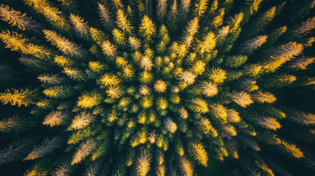 Stunning aerial view of a lush evergreen forest showcasing a mix of green and golden tree canopies, creating a serene and tranquil natural landscape.の素材