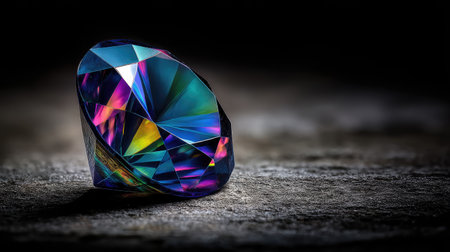 A mesmerizing multicolored crystal captivates with its intricate facets. The vibrant colors reflect beautifully against a dark background, highlighting its unique shape.の素材