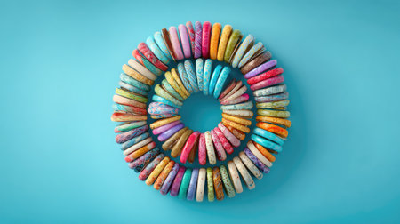 Discover a vibrant and colorful spiral arrangement of macarons against a bright blue background, perfect for dessert tables, celebrations, and artistic food photography.の素材