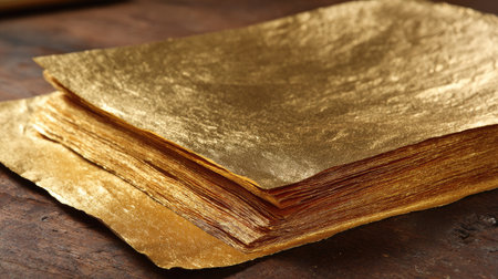 A close-up view of stacked gold leaf sheets offers a glimpse into their rich texture and shimmering qualities, perfect for artistic creations and elegant decor.の素材