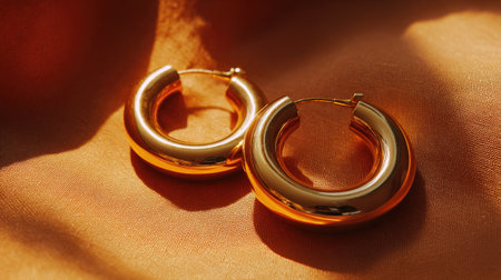 Stunning close-up of gold hoop earrings resting on soft satin fabric, creating an elegant and warm ambience perfect for showcasing fine jewelry and fashion accessories.の素材
