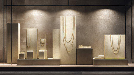 Discover a stunning jewelry display in a chic boutique, featuring intricate necklaces and elegant rings illuminated by soft lighting in a minimalistic setting.の素材