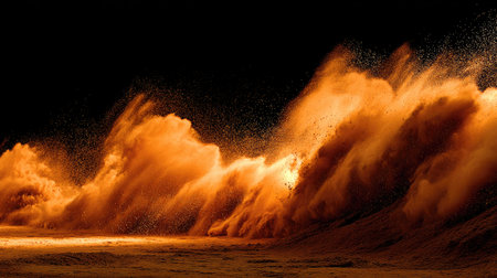 Spectacular view of dynamic ocean waves adorned with orange sand, creating an enchanting contrast against the deep black background. A perfect natural display.の素材
