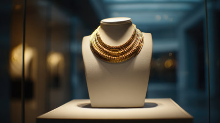 This stunning image captures an elegant gold necklace on a white bust in a jewelry boutique, highlighting the intricate craftsmanship and luxurious appeal.の素材