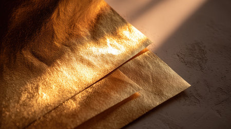 Close-up view of shimmering gold foil sheets, beautifully reflecting light. Perfect for artistic projects, elegant designs, and stylish backgrounds that inspire creativity.の素材