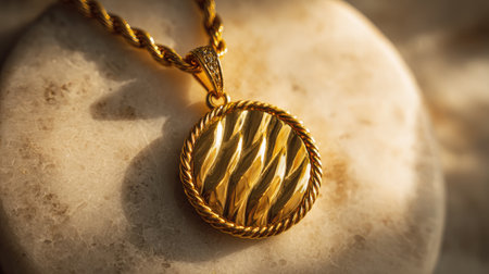 A stunning gold pendant necklace featuring an intricate textured design, perfectly complementing any outfit. A charming piece illuminated by soft light.の素材