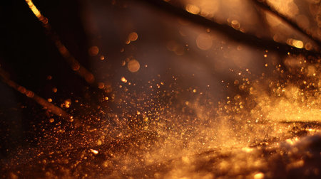 This enchanting image captures sparkling water drops illuminated by golden light during sunset, creating a magical and serene atmosphere in nature.の素材