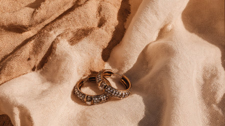 This stunning close-up features elegant gold rings adorned with sparkling stones, beautifully set against soft textured fabric, capturing a sense of luxury and style.の素材