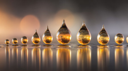 This stunning image showcases a sequence of ten golden water drops in various sizes on a smooth surface, reflecting light and creating an elegant visual effect.の素材