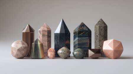 A captivating arrangement of various geometric crystals and stones, showcasing a blend of colors and textures against a soft grey background for artistic expression.の素材