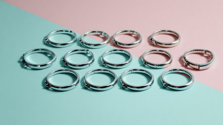 A collection of shiny silver rings displayed in a grid pattern against a soft pastel background, showcasing elegance and modern design in jewelry fashion.の素材
