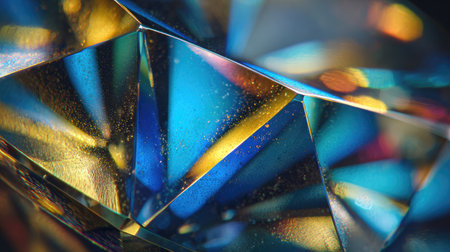 A stunning close-up image of a diamond showcasing its colorful reflections and shimmering facets. The vibrant blues, yellows, and golds create a captivating visual experience.の素材