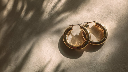 Showcase of elegant gold hoop earrings resting on a textured surface, capturing the interplay of light and shadows, ideal for fashion and accessory inspiration.の素材