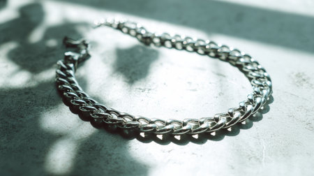 This silver chain bracelet showcases a unique design, reflecting soft light and casting artistic shadows. A perfect accessory for those who appreciate elegance and craftsmanship.の素材