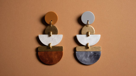 Discover stunning geometric earrings featuring a blend of warm and cool colors, ideal for enhancing your distinctive fashion style or as a thoughtful gift.の素材