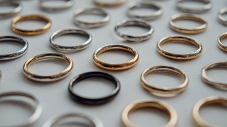 Discover a captivating arrangement of various elegant metal rings featuring stylish designs in silver, gold, and black, showcasing the beauty of jewelry craftsmanship.の素材