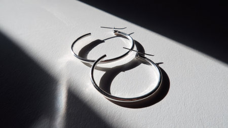 A pair of elegant silver hoop earrings rests on a textured light surface, showcasing their stunning design and capturing soft shadows in natural light.の素材