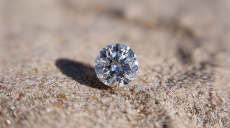 A mesmerizing round cut diamond glimmers on a sandy background, capturing the light with its exquisite brilliance and making it a symbol of luxury and beauty.の素材