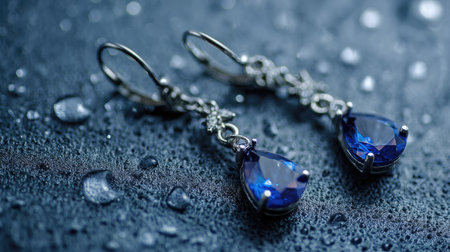 These exquisite blue teardrop earrings feature a shimmering design accentuated by glistening water droplets, perfectly embodying elegance and fine craftsmanship in jewelry.の素材
