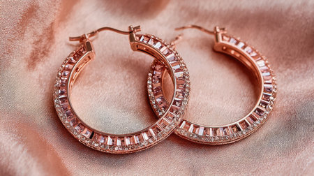 Discover the exquisite elegance of these rose gold hoop earrings, decorated with shimmering crystals, perfect for any fashionista's jewelry collection.の素材