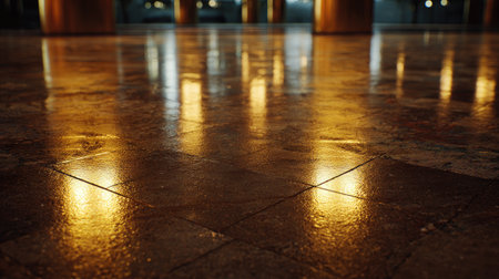This image showcases a glossy, reflective floor surface in a modern interior, enhanced by warm lighting and elegant design elements, creating a sophisticated ambiance.の素材
