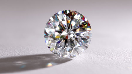 A stunning round brilliant cut diamond rests elegantly on a soft white surface, showcasing its brilliance and colorful reflections. A perfect representation of luxury and beauty.の素材