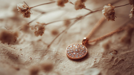 A beautiful rose gold pendant adorned with sparkling details rests gracefully on textured paper, surrounded by soft dried flowers, evoking a serene and elegant feel.の素材