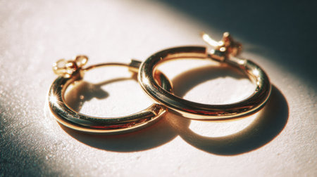 A pair of stunning gold hoop earrings rests gracefully on a soft surface, showcasing their elegant design and reflective quality, ideal for fashion enthusiasts.の素材