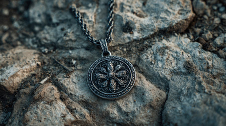 A beautifully crafted antique pendant featuring a floral design, resting on rugged rocks. The intricate metalwork reflects vintage charm perfect for jewelry lovers.の素材