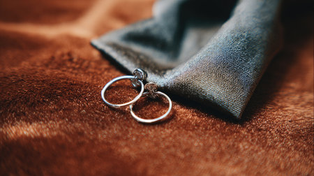 This close-up image features elegant silver earrings gracefully positioned on a luxurious dark fabric. The soft textures and warm tones enhance the sophisticated appeal, perfect for fashion and jewelry showcases.の素材
