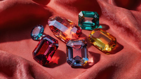 A stunning arrangement of colorful gemstones resting on soft satin fabric, showcasing a variety of shapes and the interplay of light and reflections, perfect for artistic projects.の素材