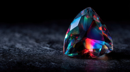 A stunning image of a multi-colored gemstone reflecting vivid light with intricate facets, set against a dark background, revealing its captivating beauty and elegance.の素材