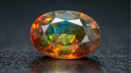 This captivating orange opal gemstone displays a stunning array of vibrant colors and intricate facets. Perfect for highlighting natural beauty and elegance in any design.の素材