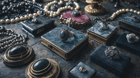 Discover a stunning arrangement of vintage jewelry featuring exquisite rings, necklaces, and decorative boxes, set against a dark textured backdrop exuding elegance and timeless beauty.の素材