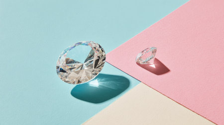 Two sparkling gemstones rest on a soft pastel backdrop, showcasing light reflections and shadows. The vibrant colors create an elegant and artistic composition.の素材