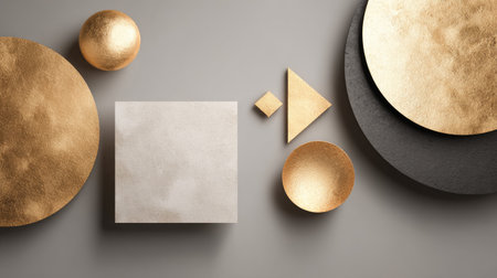 Modern abstract composition featuring varied shapes in gold and gray hues. Ideal for use in stylish interior design, creative projects, and contemporary art concepts.の素材
